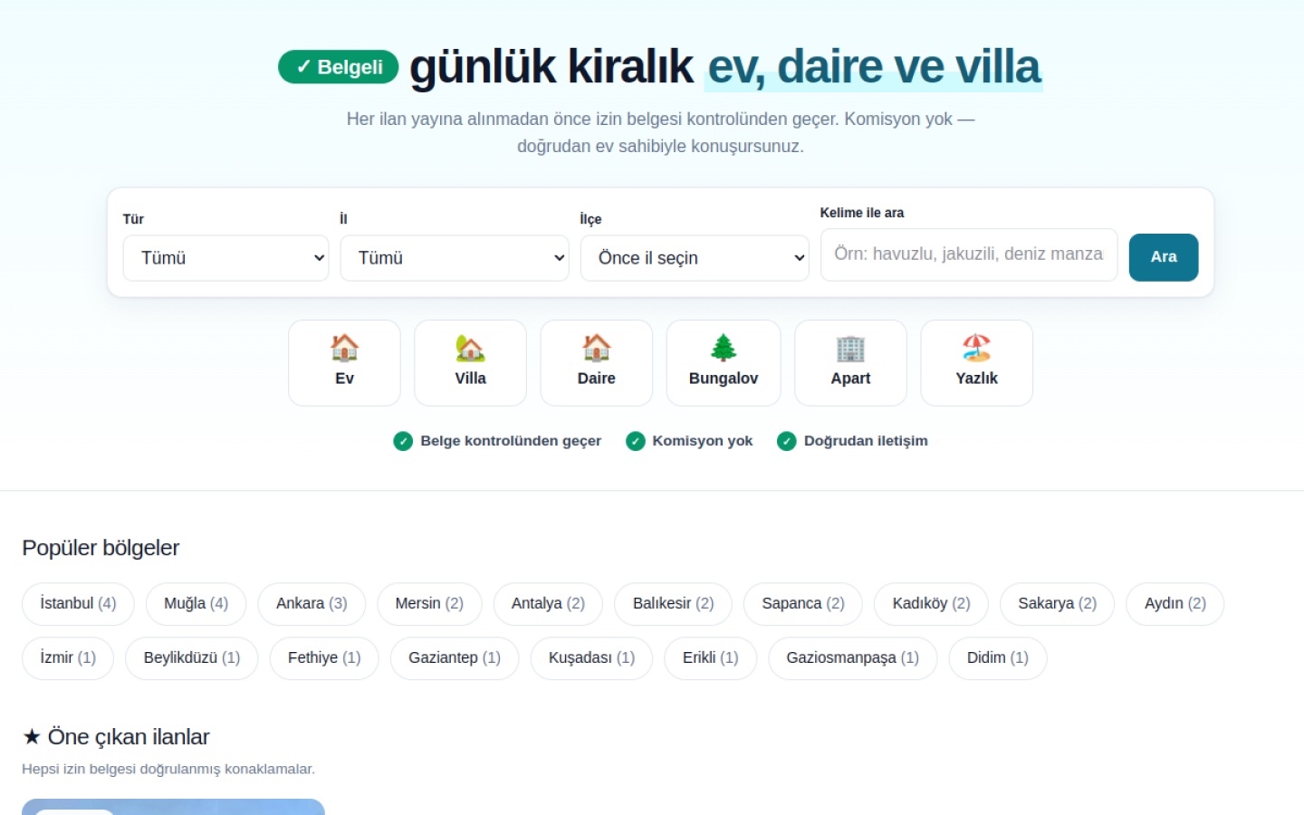 gunlukkiralik.com.tr ana sayfası: belgeli günlük kiralık ev, daire ve villa arama ekranı